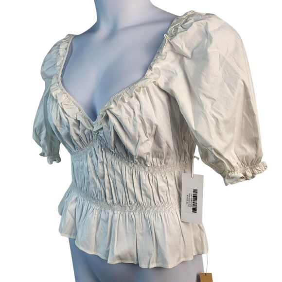 NEW Reformation X-Large White Cotton Blouse Sweetheart Neck Peplum Shirred - Picture 7 of 16